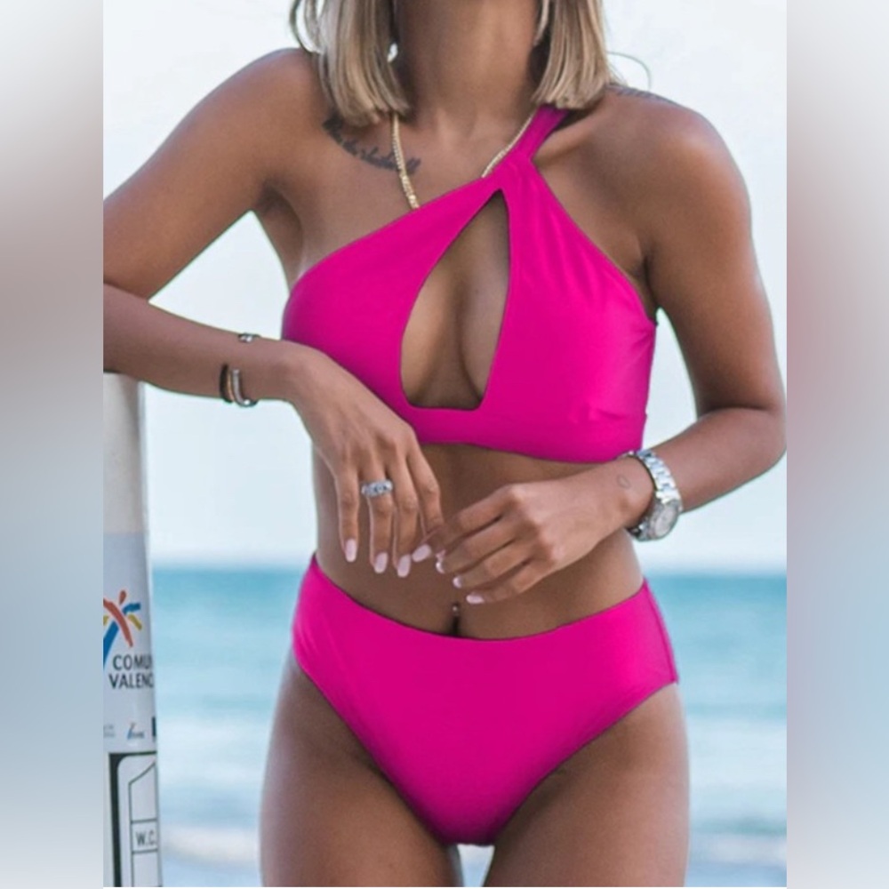 Beachsissi Solid Cutout One Shoulder Bikini Set